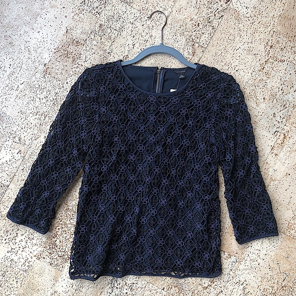 NWT ANN TAYLOR Boho Black & Navy Crochet Blouse Size XS